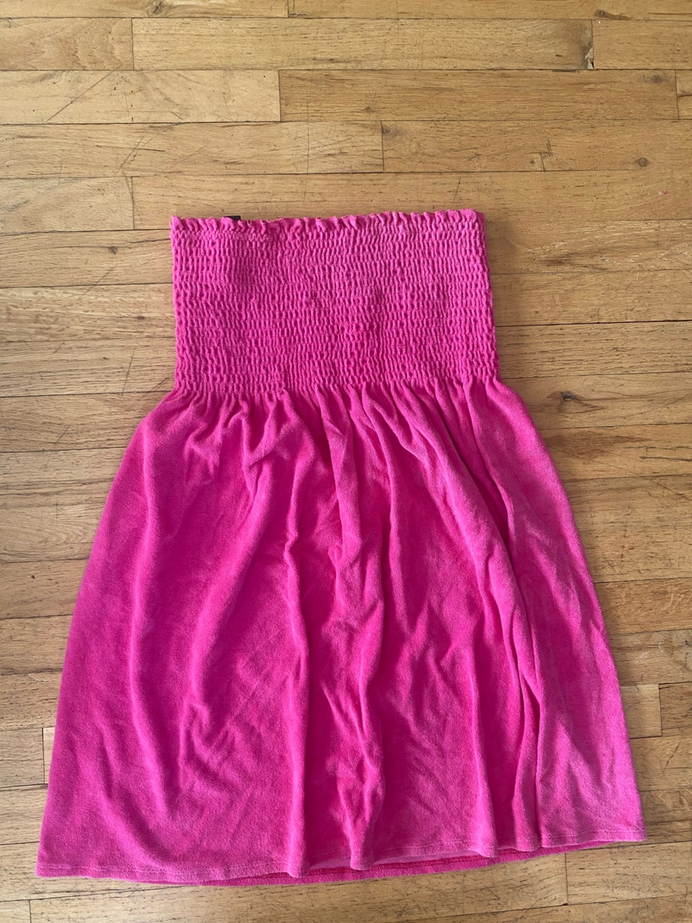 Strapless pink terry cloth dress. Smocked top. Size xl